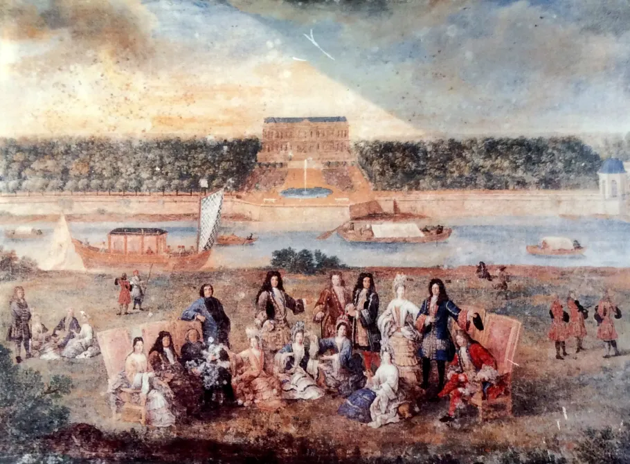 Vue du château de Choisy du côté des parterres et la famille de Louvois, gouache Vue du château de Choisy du côté des parterres et la famille de Louvois, gouache