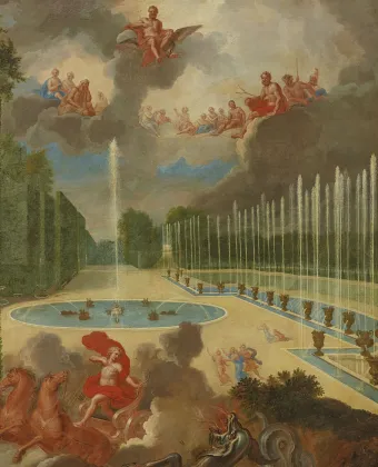 Vue du Bassin du Dragon et de la rampe du bassin de Neptune avec Apollon tuant le serpent Python